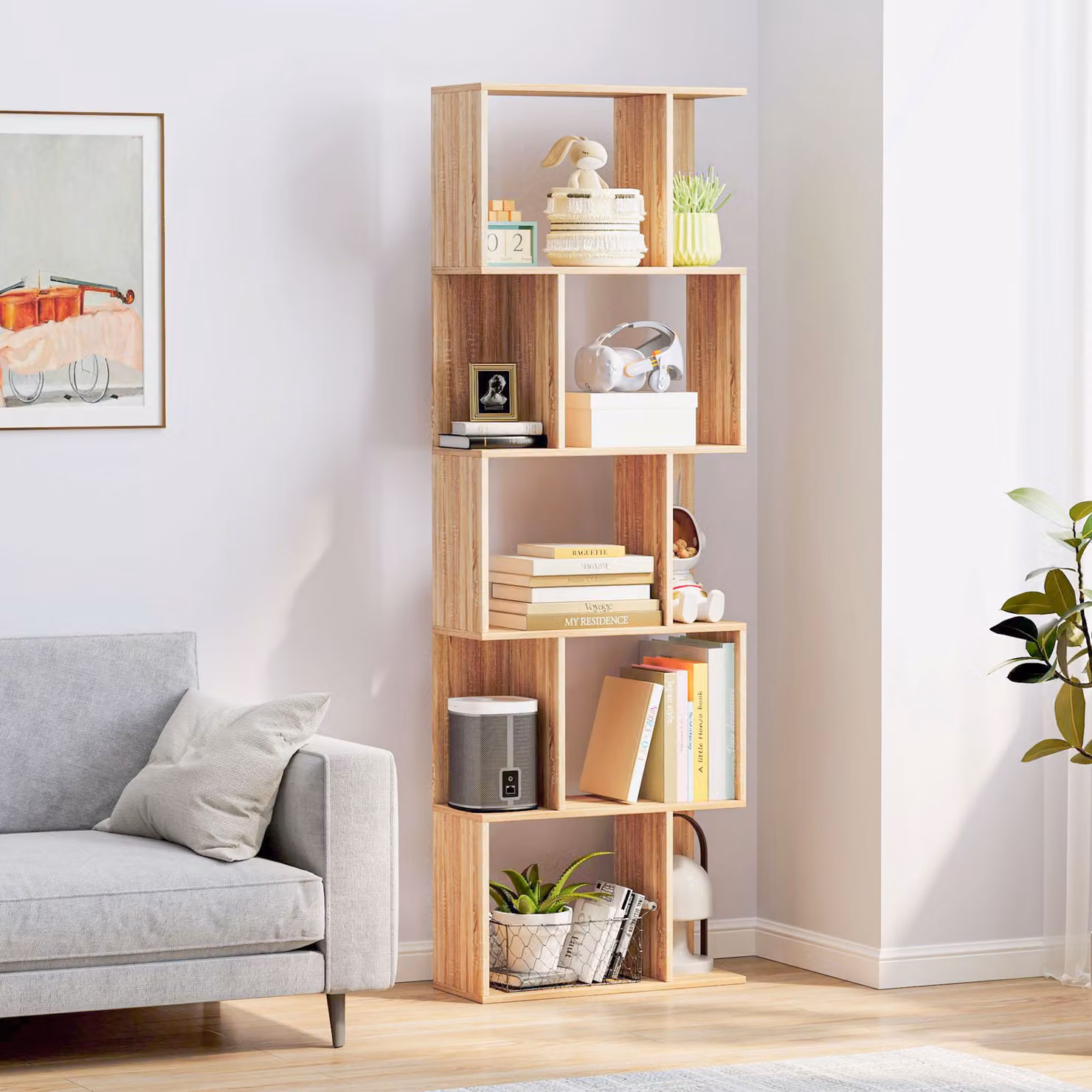 Scaffale Libreria HOMCOM a 5 Ripiani con Design a S Salvaspazio in Legno, Colore Marrone, L: 60 cm, P: 24 cm, H: 184.5 cm – 2