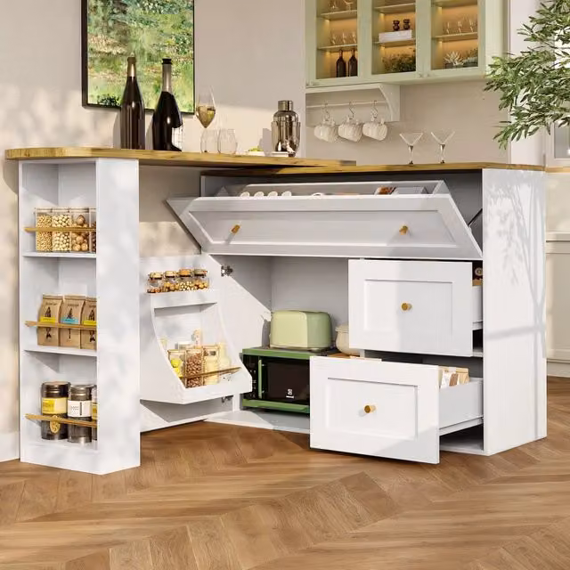 Tavolo da bar telescopico con ripiano girevole e 2 cassetti a ribalta in MDF bianco per cucina 138-204 × 39 × 105 cm