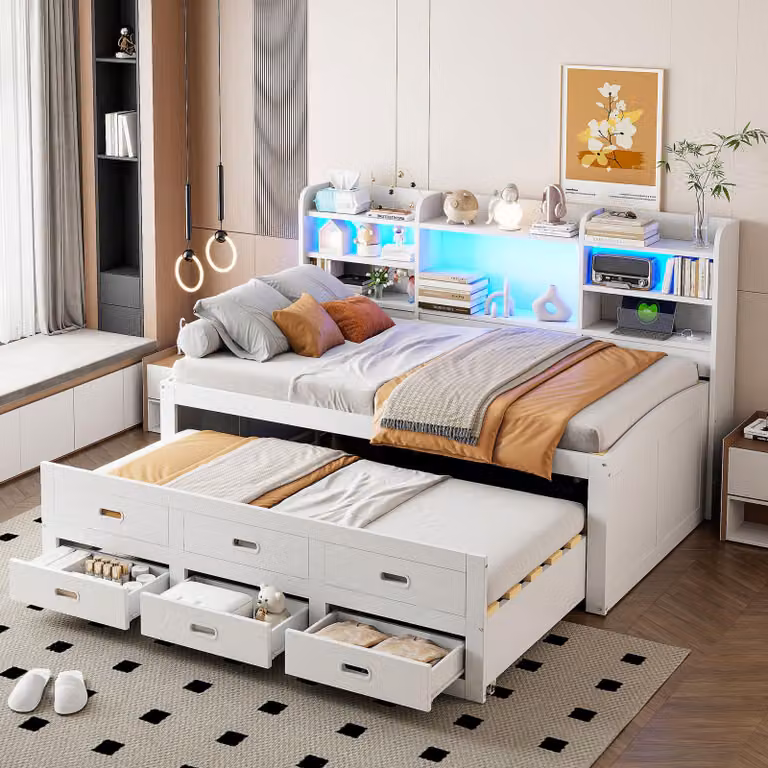 Merax daybed 90x200cm con letto estraibile, divano letto con LED, 3 cassetti, ripiano, USB+Type-C, daybed, letto singolo, bianco