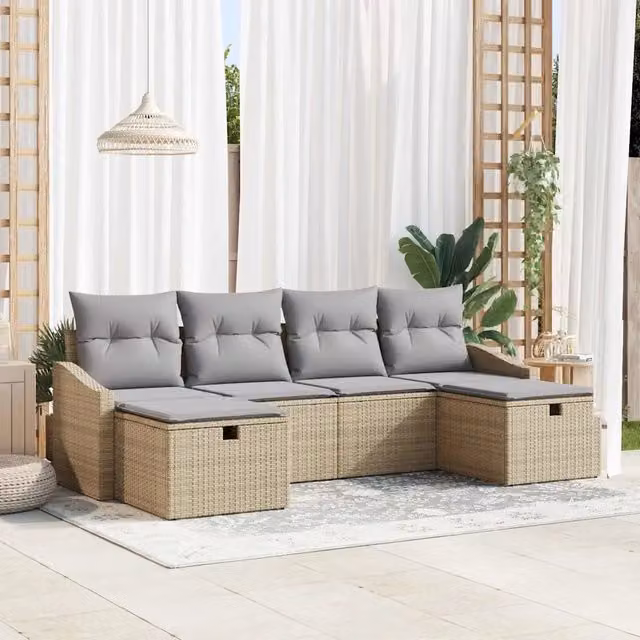 Set di divani da giardino vidaXL in polyrattan grigio e beige con struttura in acciaio e cuscini inclusi