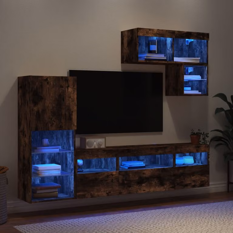 Mobile TV da parete vidaXL con 6 LED in legno multistrato Rovere Fumo
