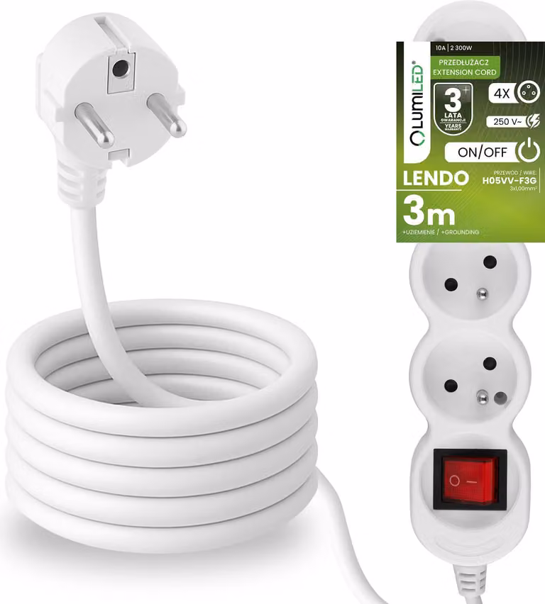 Presa multipla LUMILED con interruttore ON/OFF Presa a 4 vie tipo E, cavo da 3 m H05VV-F3G, bianco, presa multipla E 10A 2300W 250V IP20 Staffa per sospensione