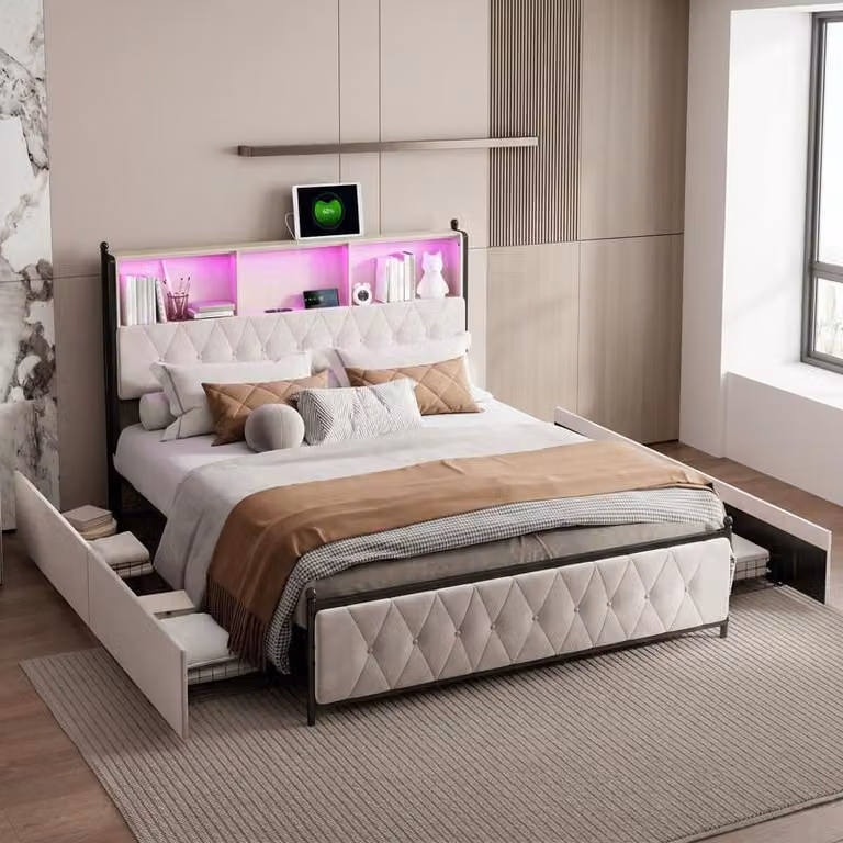 Letto matrimoniale ProximaX 160x200 cm, velluto beige, testiera con vano portaoggetti, illuminazione a LED RGB, 4 cassetti, porta di ricarica USB + Type-C