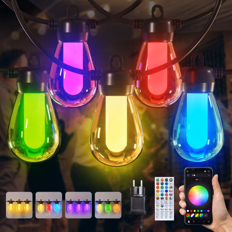 Catena luminosa a LED, 15 metri, 20 lampadine S14, multicolore, grado di protezione IP65, controllo tramite app
