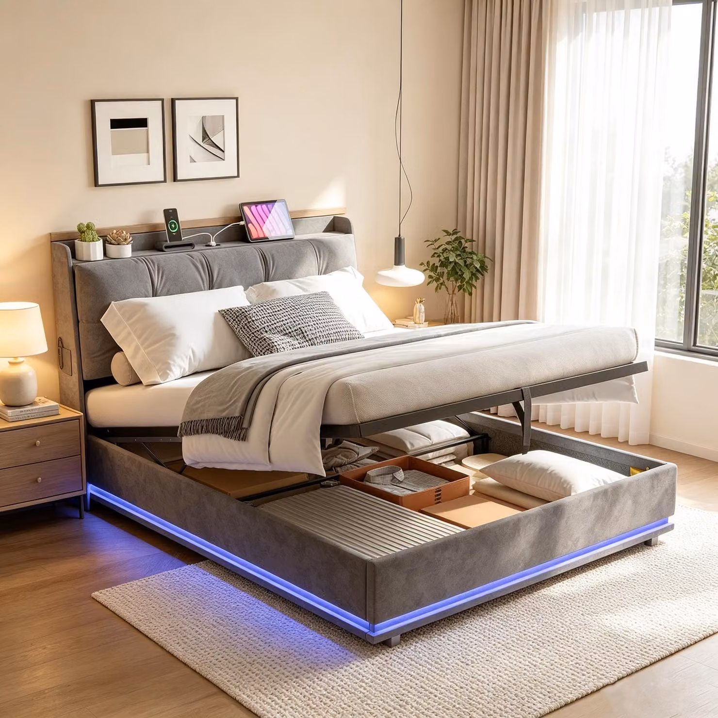 Letto matrimoniale con boxspring, imbottito, 140x200 cm, con LED e USB. Letto con sistema di sollevamento idraulico per lo stoccaggio, dotato di testiera e rete a doghe. Letto matrimoniale, ideale anche per ragazzi, rivestito in velluto, colore grigio