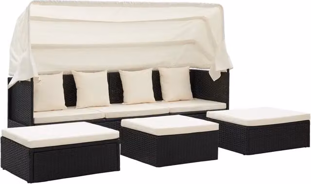 Lettino da Giardino con Tettuccio in Polyrattan Nero 46156