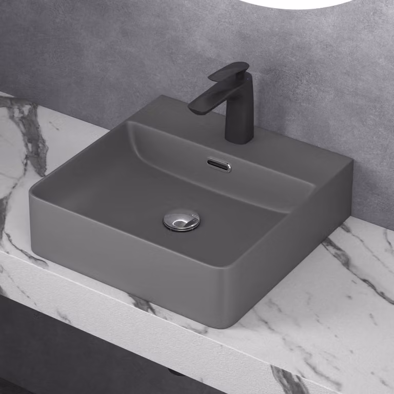 doporro Lavabo da Appoggio Lavandino Sospeso Bagno Rettangolare 42 cm in Vetroceramica Antracite Opaco con Foro per Rubinetto e Troppopieno - Meissen201