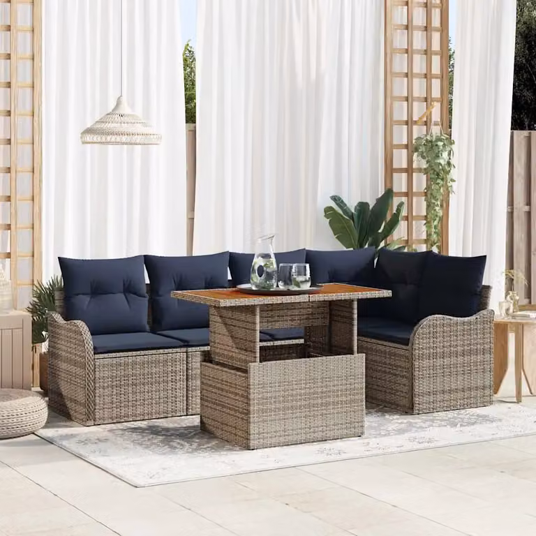 Set Divano da Giardino vidaXL a Forma di L con Tavolino, 6 Pezzi, Grigio e Blu Navy