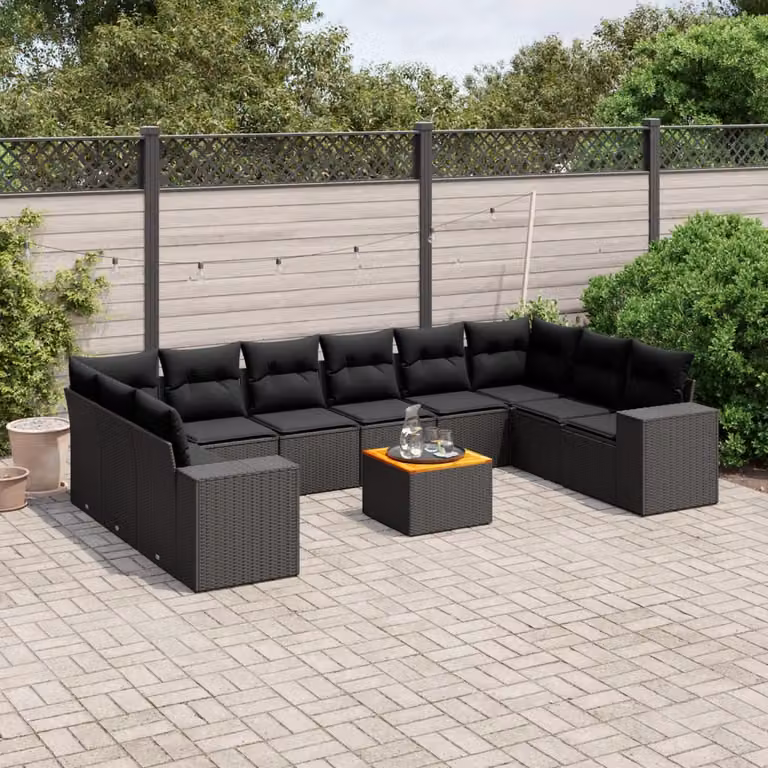 vidaXL Set Divani da Giardino 11 pz in Polyrattan Nero con Cuscini e Tavolino da Esterno