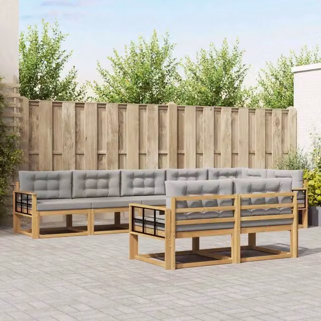 Set di divani da esterno a L vidaXL in legno di acacia con cuscini, Bianco e Grigio