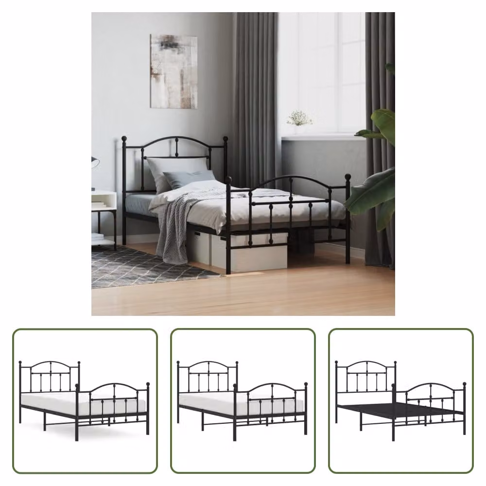 The Living Store Struttura letto con testiera e pediera in metallo nero 100x190 cm