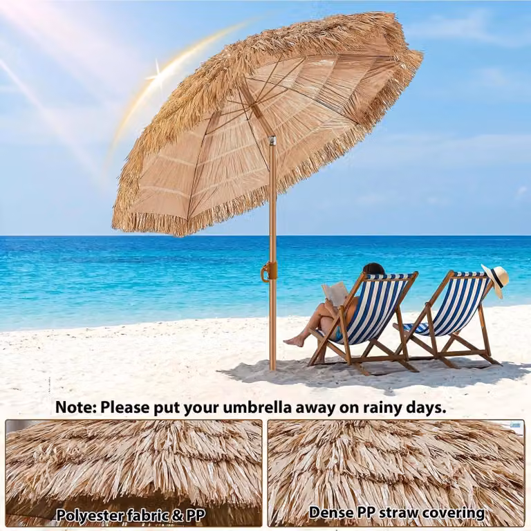Ombrellone da giardino e da spiaggia dal design tropicale, con finitura effetto paglia - Diametro 200 cm - Inclinazione regolabile fino a 30° - 8 stecche in metallo leggero, facilmente separabili - Colore: giallo