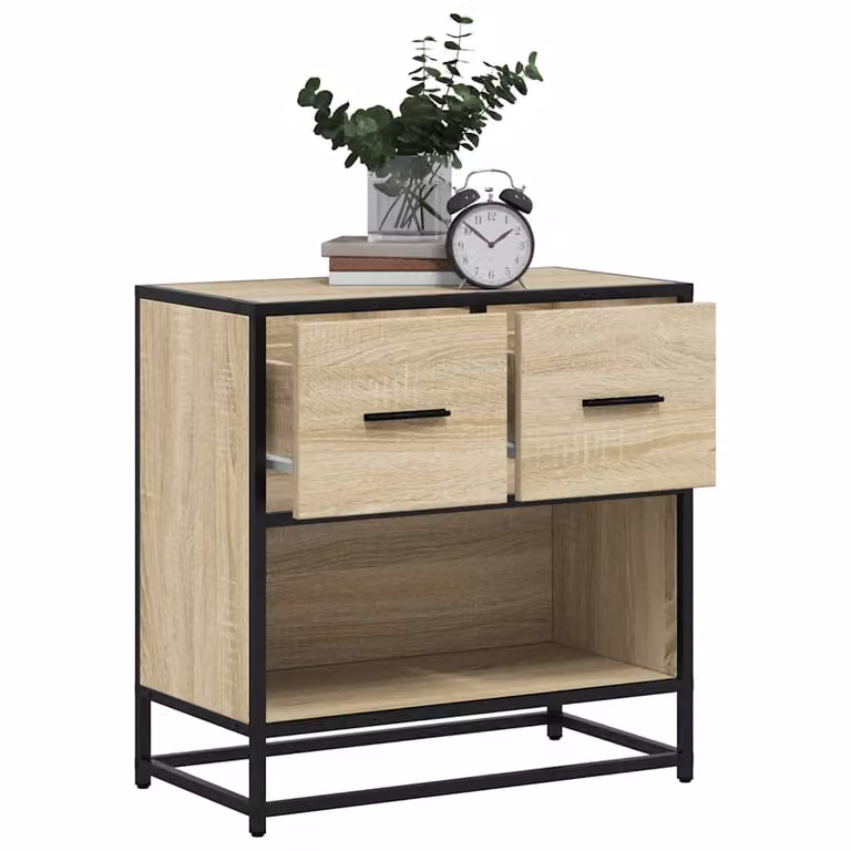 Comodino moderno vidaXL in legno e metallo, colore rovere sonoma e beige, L: 60 cm, P: 31 cm, H: 60 cm
