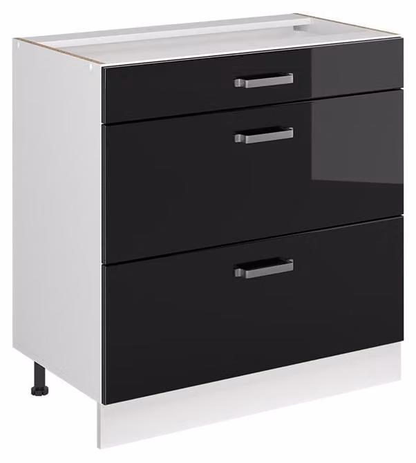Mobiletto base per cucina Vicco R-Line Nero lucido/Bianco 80 cm con 3 cassetti senza piano di lavoro, Model 72363