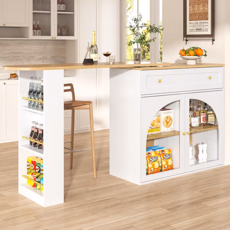 Tavolo bar allungabile con spazio contenitore, bancone da pranzo girevole a 360°, dimensioni 138-204x39x104 cm, isola cucina con ripiani e ante in vetro, colore bianco