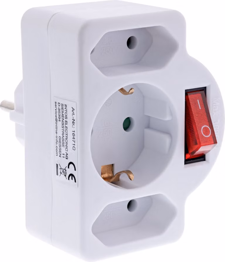 Adattatore presa InLine®, spina SK a 2xEuro+1x SK, con interruttore, bianco