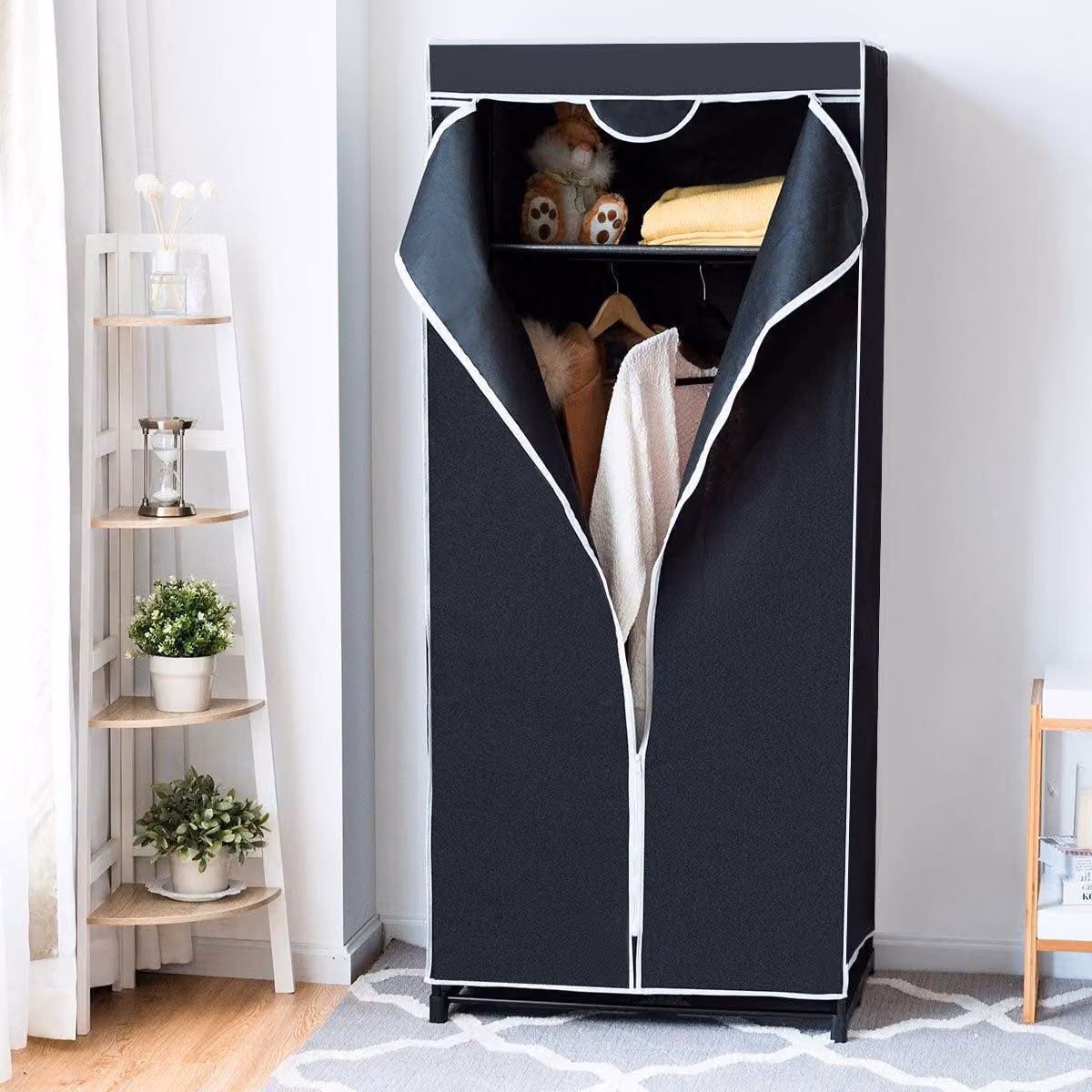 Armadio in tessuto con scelta colore 75 x 50 x 170 cm con asta appendiabiti - nero