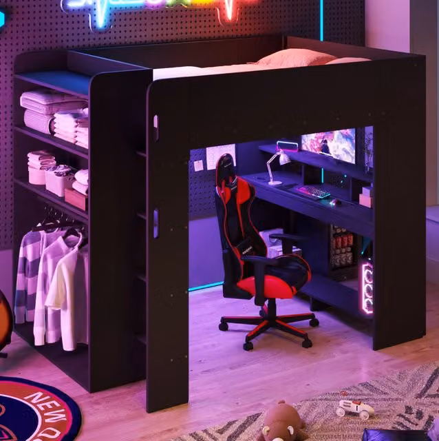 Letto a soppalco da gaming in legno 140x200 cm con scrivania, armadio, spazio contenitivo e illuminazione LED, nero