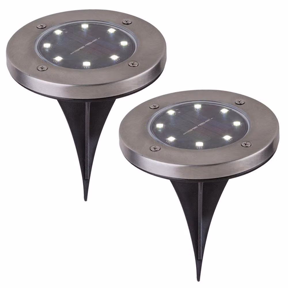 set di 2 luci solari a LED, rotonde, piatte con picchetto a terra