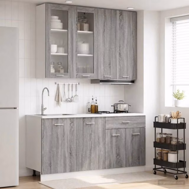 Unità cucina moderna vidaXL LYON in 4 pezzi grigio con ante a vetro e cassetti in MDF