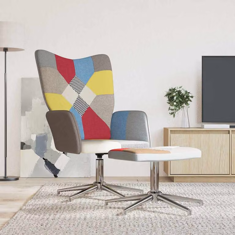 Sedia Relax con Sgabello vidaXL in Tessuto Patchwork Multicolore con Struttura in Metallo e Seduta in Schiuma