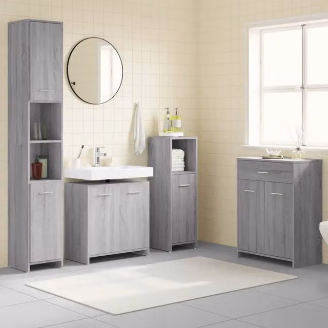 Set di mobili da bagno moderno vidaXL in legno multistrato grigio opaco composto da mobile lavabo, colonna alta e mobile laterale