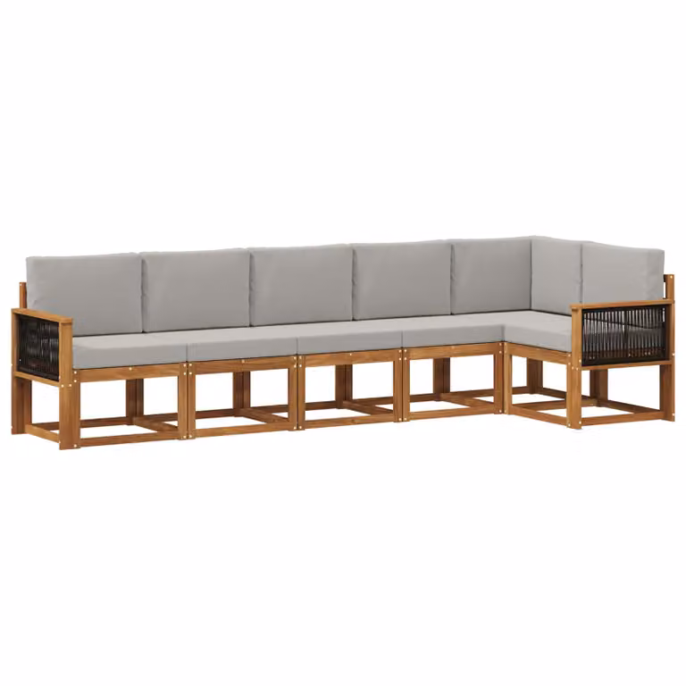 Set di divani da esterno vidaXL a forma di L in legno di acacia con cuscini, 6 pezzi, Beige e Grigio