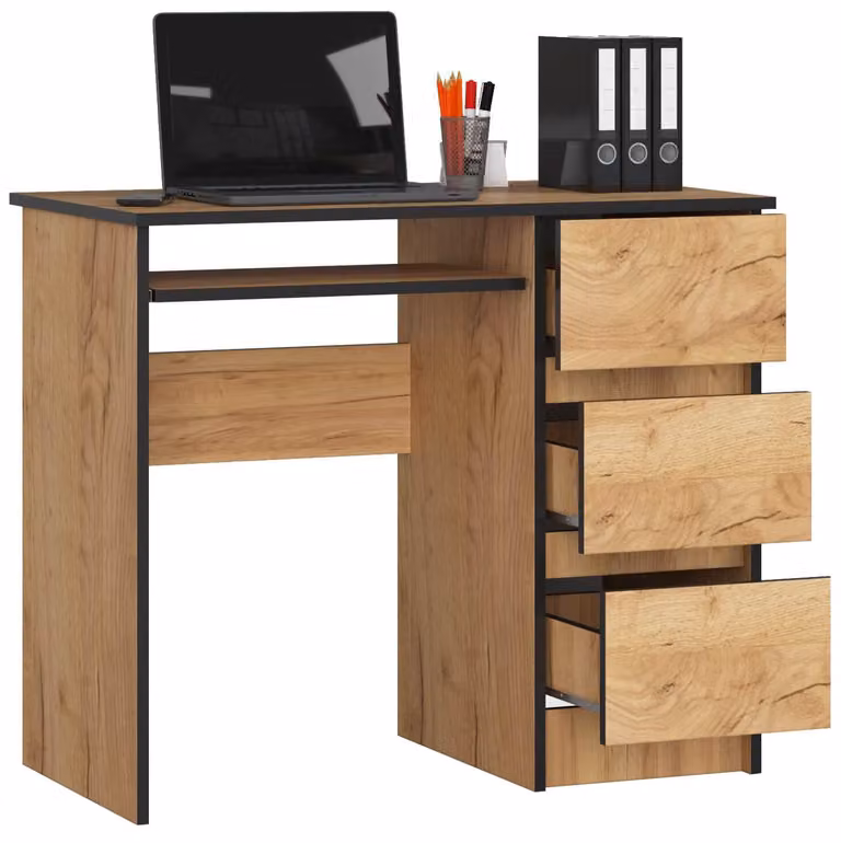 Scrivania da 90 cm con 3 cassetti e ripiano estraibile per tastiera; scrivania per computer, scrivania da lavoro