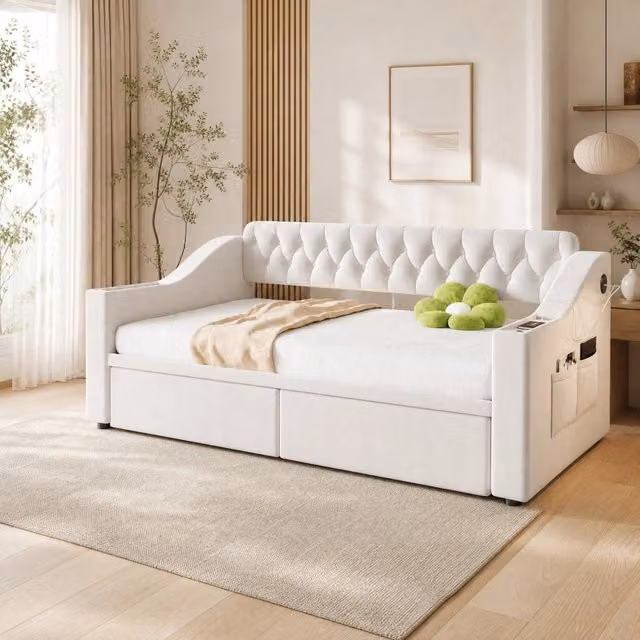 Divano letto imbottito 90 × 190 cm beige con cassetti, vani portaoggetti e ricarica USB