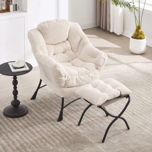 Poltrona con pouf e tasca laterale OKWISH in cotone PP bianco con braccioli in acciaio per soggiorno, camera da letto o giardino