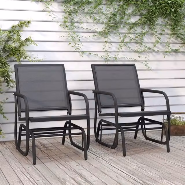Set di 2 sedie a dondolo da giardino vidaXL in metallo e textilene nero, L: 61 cm, P: 76 cm, H: 87 cm