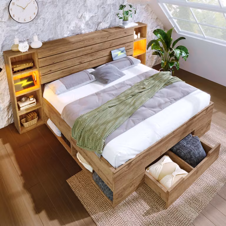 Letto matrimoniale in legno massello, 180x200, con illuminazione LED, porta USB-C, testiera contenitore, cassetti, rete a doghe, senza materasso.