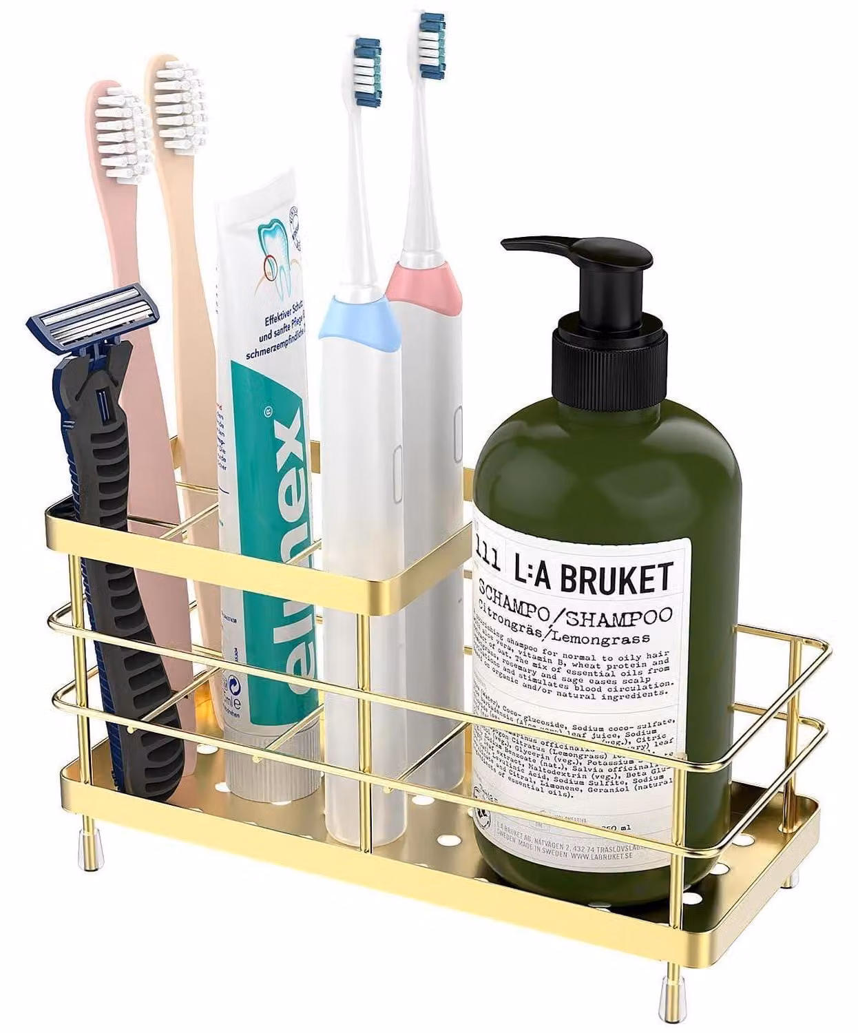 Portaspetini in acciaio inossidabile, 6 scomparti, color oro, con sistema di scarico, per bagno e cucina