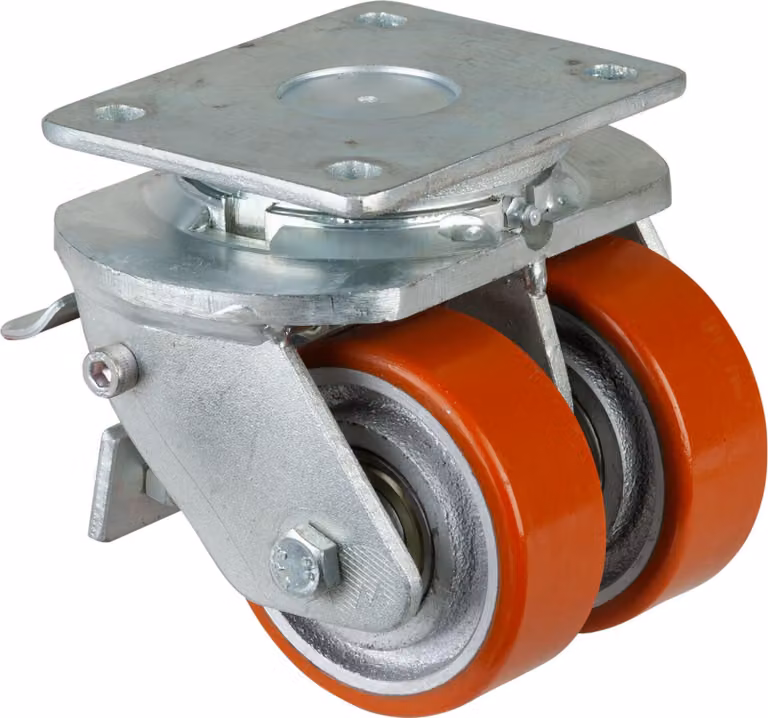 Ruote BS Doppia ruota girevole con freno Diametro 100 mm Portata 590 kg Ruota in PUR fuso Piastra 138x110 mm - S120.C10.100