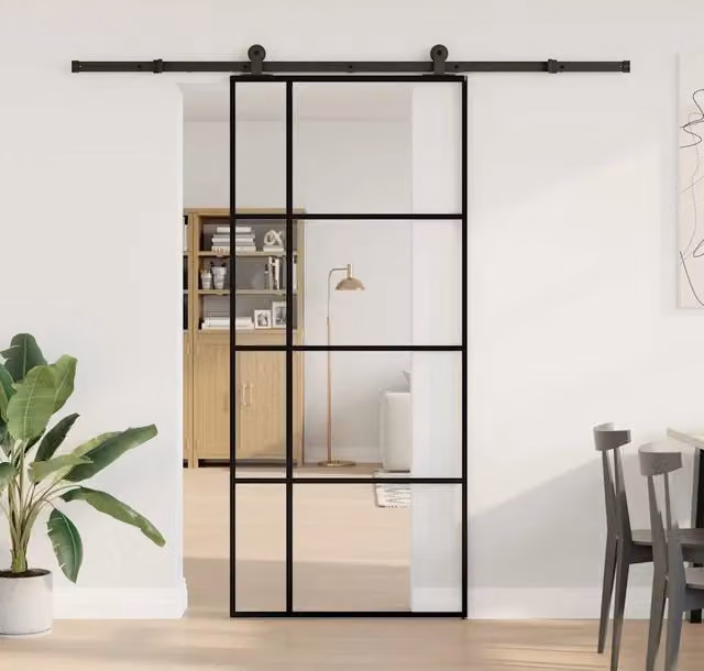 Porta Scorrevole Moderna vidaXL in Alluminio e Vetro Trasparente con Colore Nero L: 90 cm, H: 205 cm