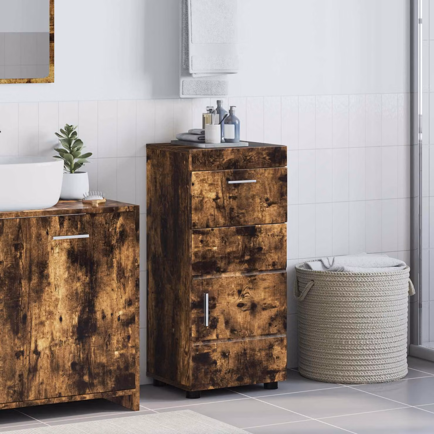Set di armadi da bagno vidaXL TULUM in rovere fumé marrone con ante e cassetti L: 37 cm, P: 31,5 cm, H: 82 cm