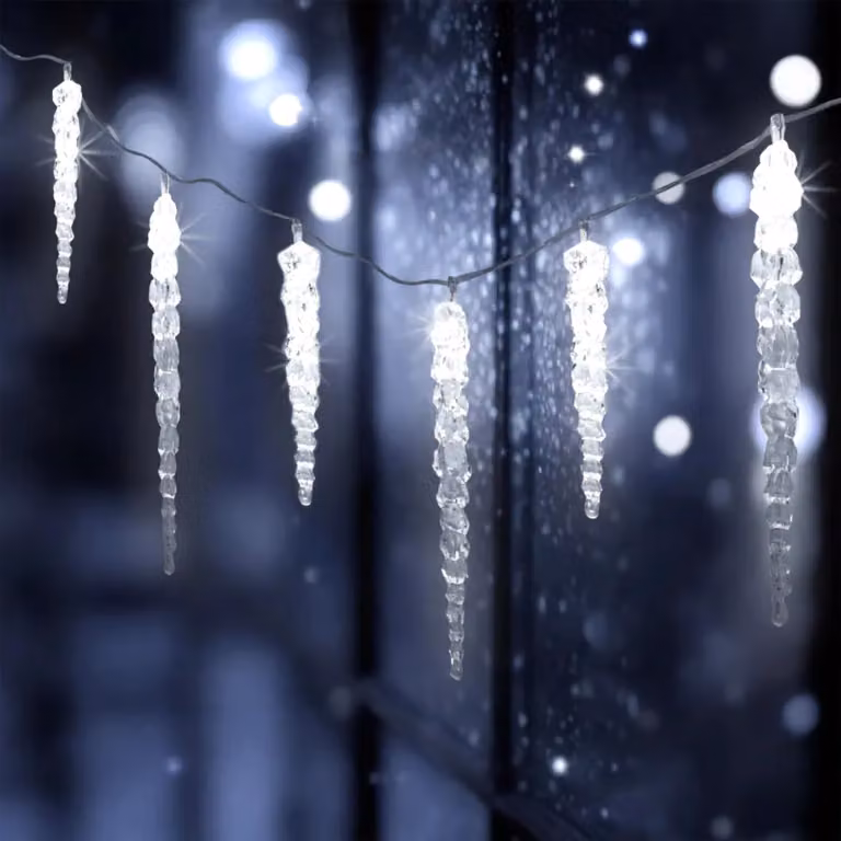 Catena luminosa a LED con forma di cristalli di ghiaccio, luce bianca fredda, con timer, composta da 20 elementi illuminati