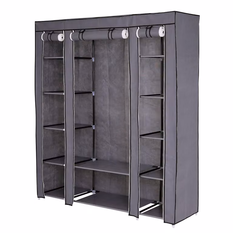 armadio in tessuto dibea, robusto armadio pieghevole con asta appendiabiti e scomparti, struttura in acciaio tubolare e rivestimento in pile, 175x150x45 cm, grigio