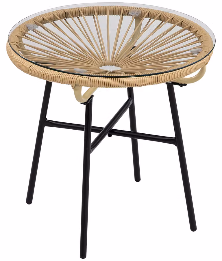 Tavolino Moonbite da bistrot, 50 x 50 cm, in stile bohémien, con piano in vetro temperato, struttura in rattan PE, telaio verniciato a polvere e decorazioni in rattan, colore beige