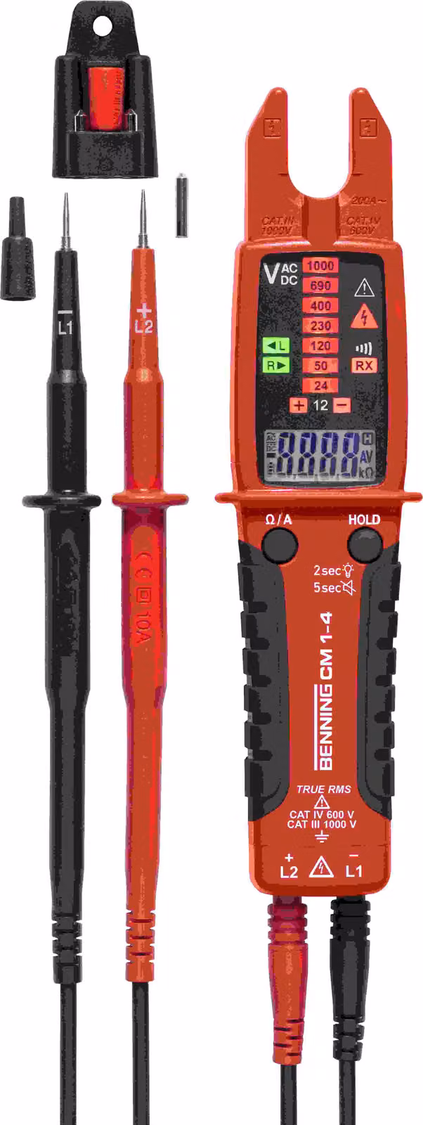 Benning TRUE RMS, pinza amperometrica aperta, 200 A CA, 1000 V CA/CC, 50 kOhm, campo rotante, 1 pz.