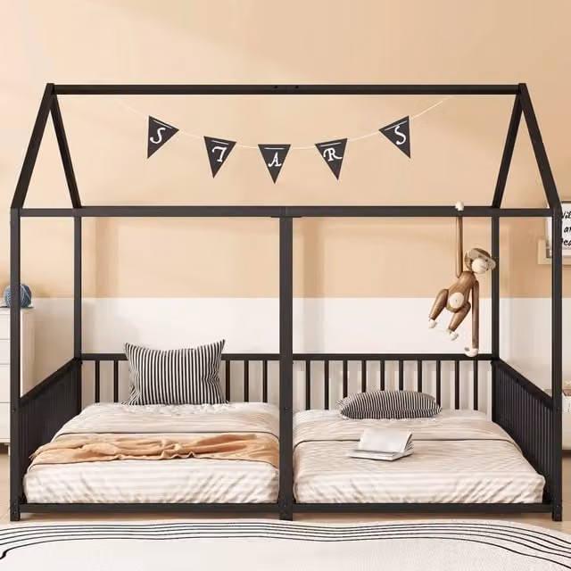 Letto a castello per bambini Zephmum in metallo con design a casetta, colore nero, L/P/H: 200 x 90 x 174,5 cm – 1