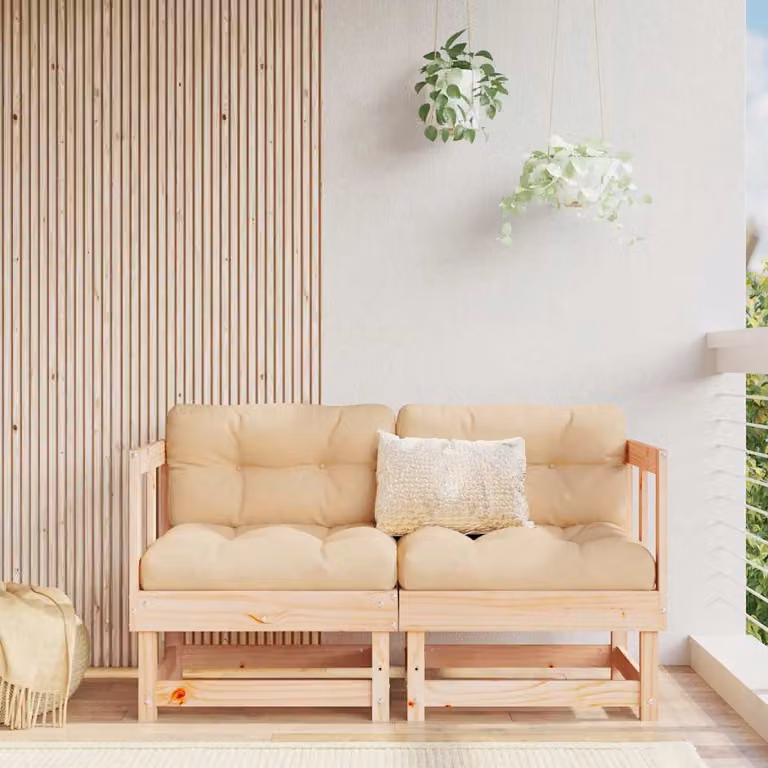 Set di 2 divani angolari vidaXL in legno massello di pino con cuscini in tessuto beige e marrone per giardino e terrazzo