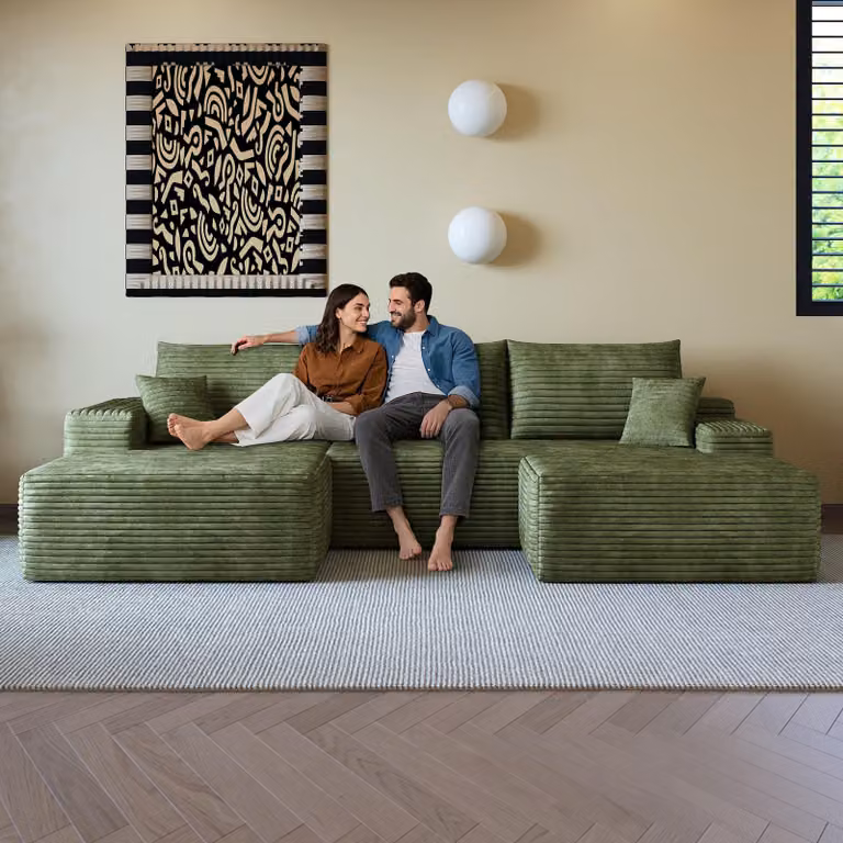 Divano angolare modulare senza struttura interna, con chaise longue a forma di L, design moderno, seduta profonda. Non richiede montaggio