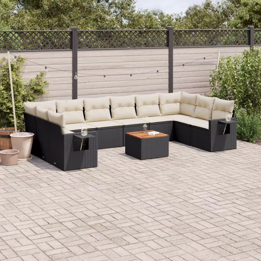 vidaXL Set Divani da Giardino 11 pz in Polyrattan Nero con Cuscini e Tavolino da Esterno – 1