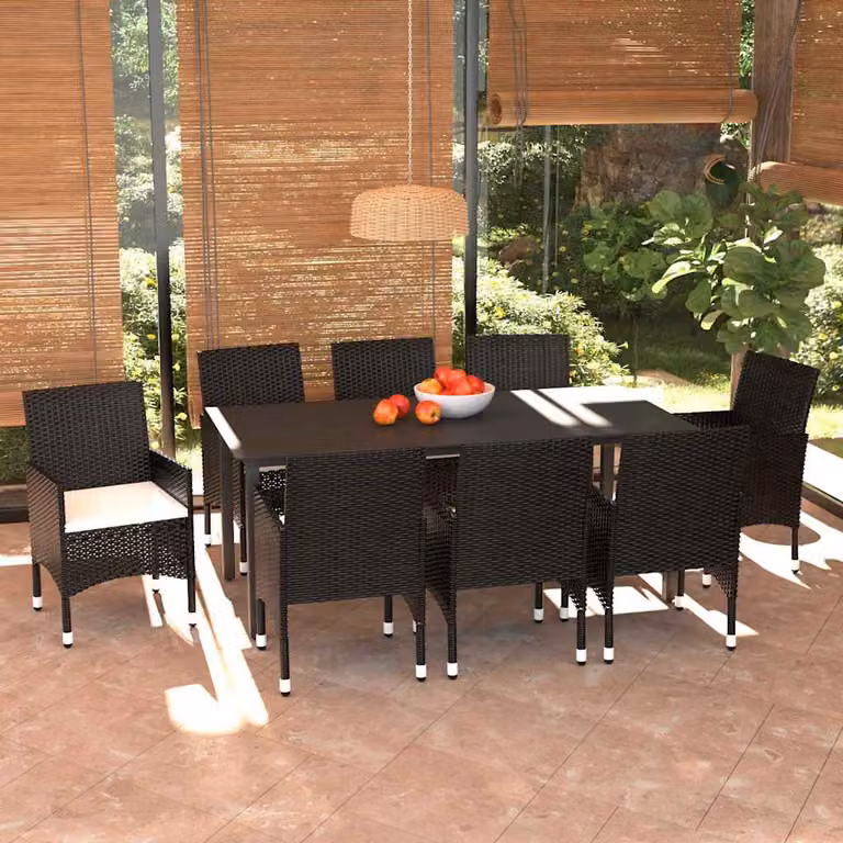 Set da pranzo da giardino vidaXL in polyrattan nero con cuscini e tavolo in vetro, 9 pezzi