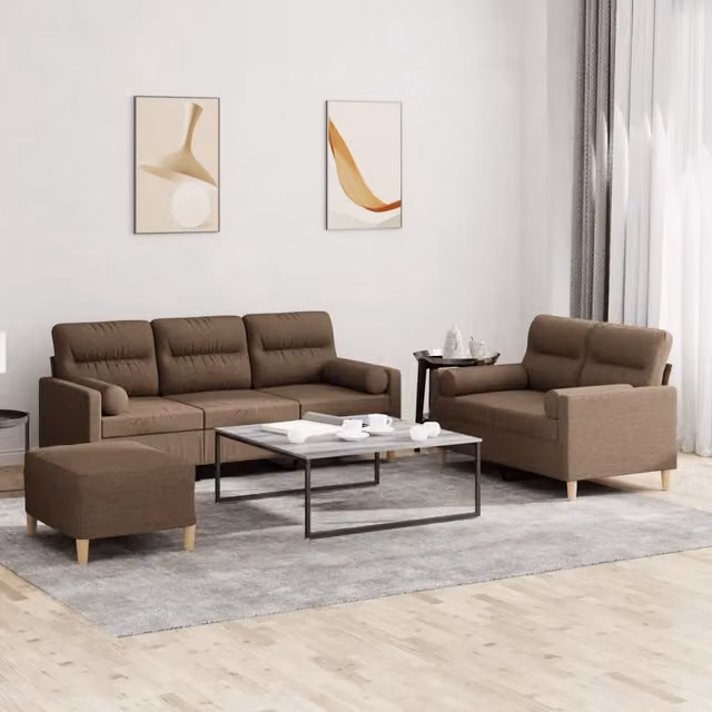 vidaXL Set di Divani Moderno 3 Pezzi Marrone in Tessuto con Ottoman e Cuscini