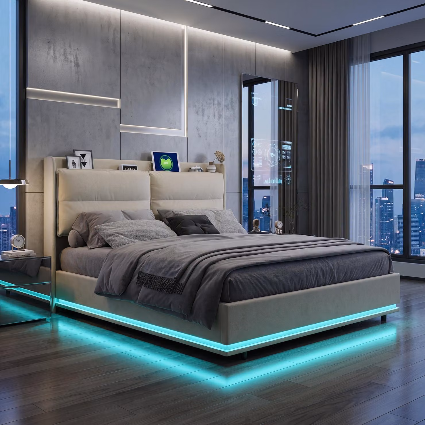 Letto imbottito con boxspring, dimensioni 140x200 cm, con illuminazione LED e prese USB. Letto con sistema di sollevamento idraulico e contenitore integrato. Struttura del letto con rete a doghe/contenitore. Tessuto: velluto, colore beige