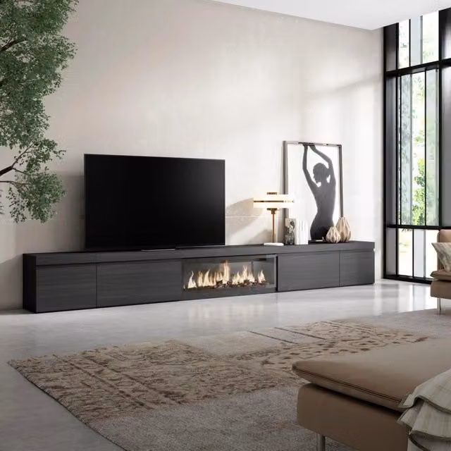 Mobile TV Soggiorno, 368x35x45, Camino elettrico XXL, Nero RF3684