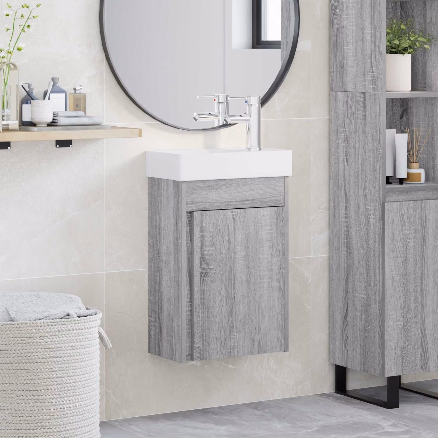 Mobile bagno vidaXL con rubinetto in stile moderno, colore grigio e bianco, L: 40,5 cm, P: 22,5 cm, H: 62 cm
