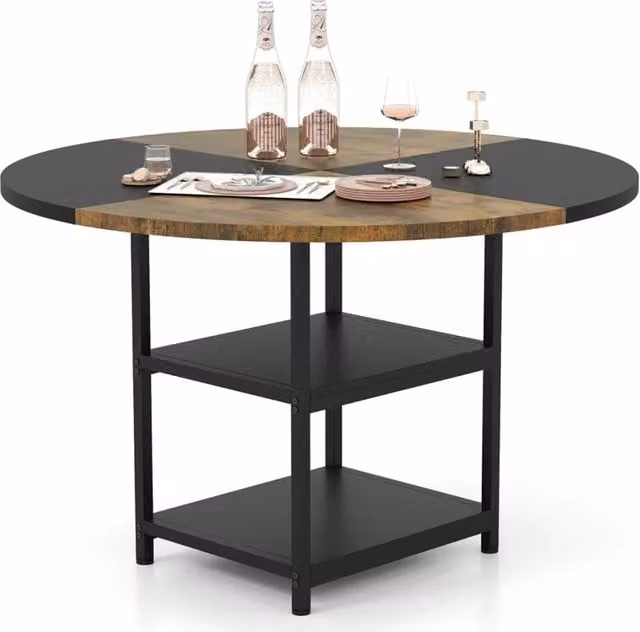 Tavolo da pranzo rotondo HELLOSHOP26 in stile rustico con vano contenitore a 2 ripiani, colore nero e marrone, Diametro: 119 cm, Altezza: 76,5 cm